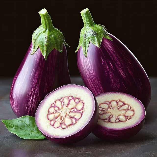 Close-up of whole and halved purple eggplants with green leaves on dark stone surface