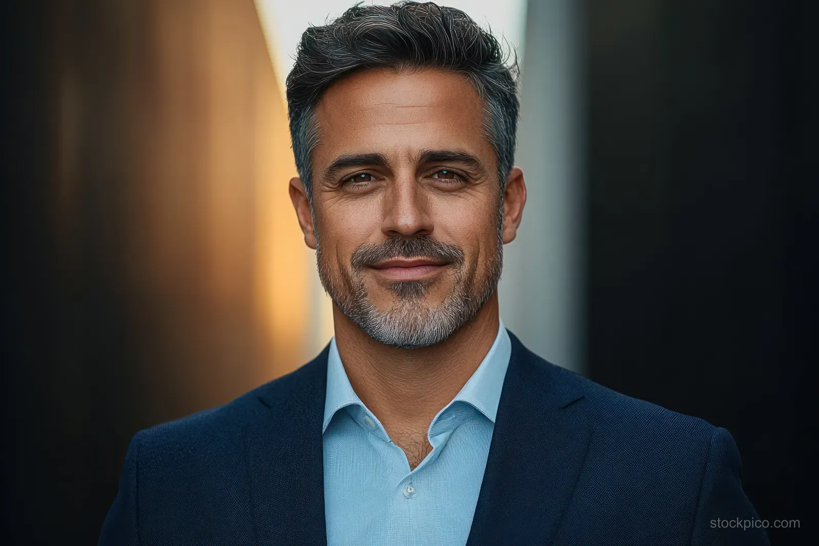 Smiling businessman in a formal suit shown in a close-up portrait isolated on a white background.