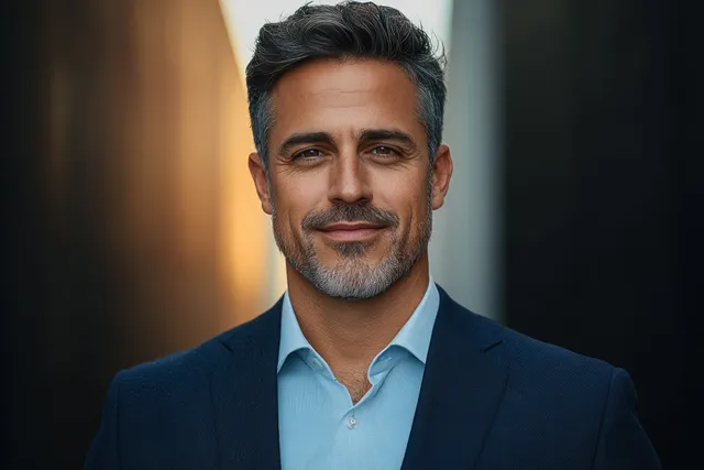 Smiling businessman in a formal suit shown in a close-up portrait isolated on a white background.