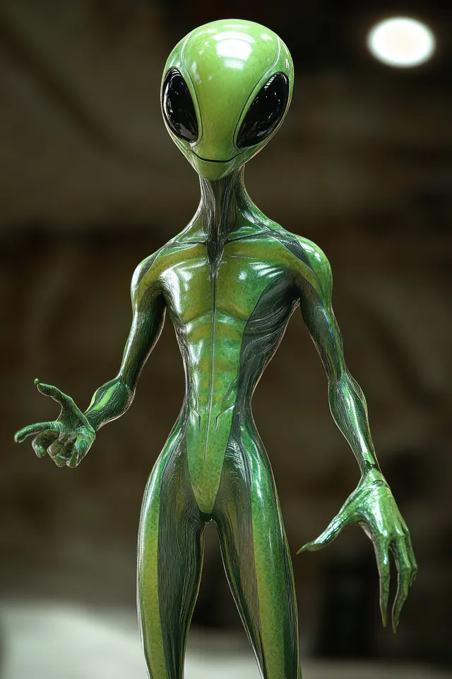 Green alien humanoid with black eyes and thin fingers stands under dim, eerie overhead light.