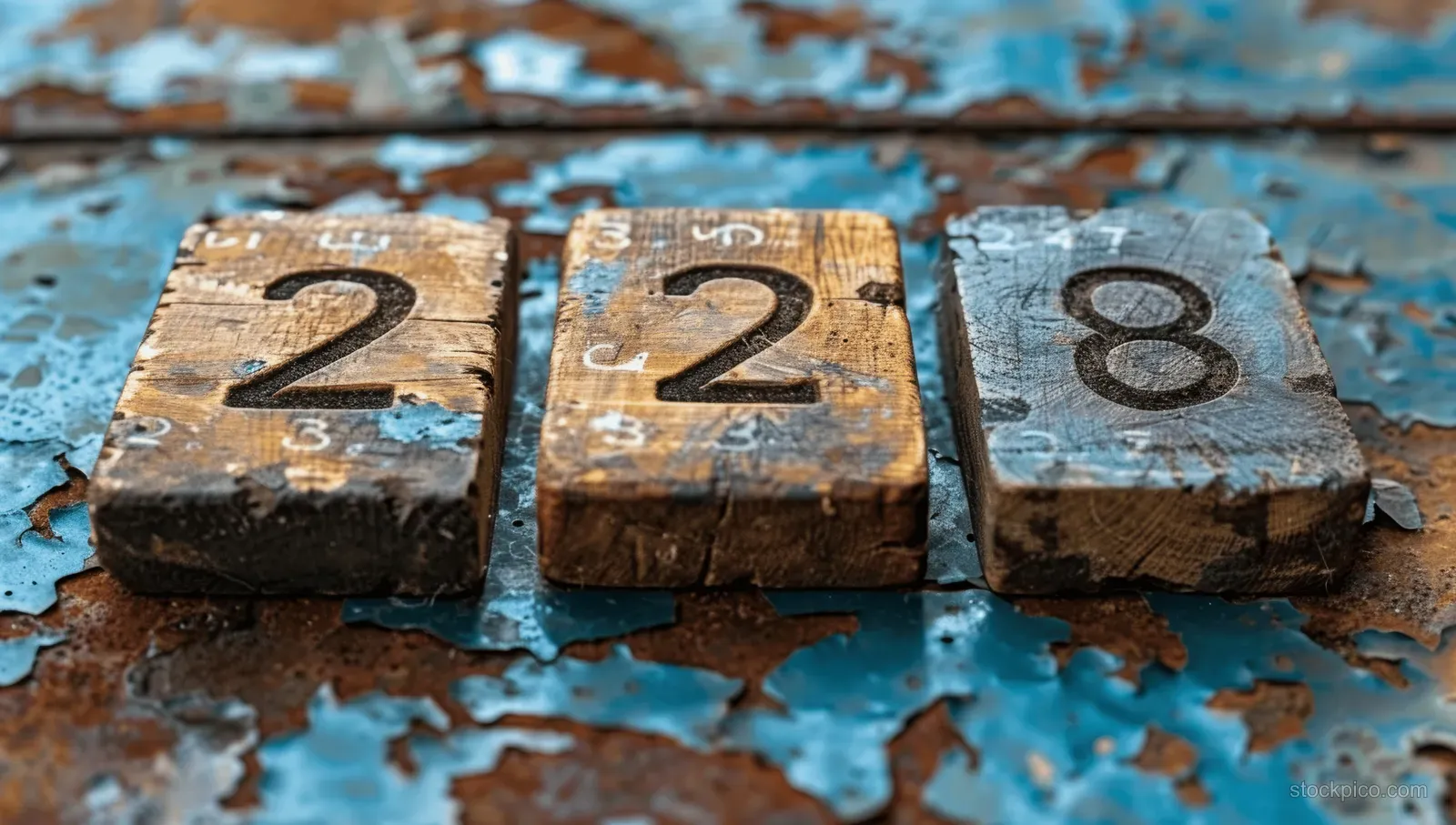 Three worn wooden number blocks sit on a peeling blue painted surface.