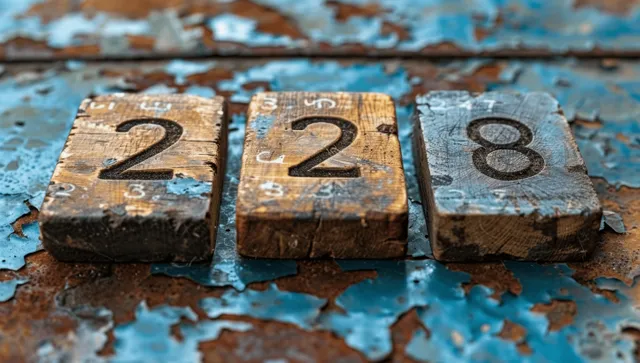 Wooden number blocks on peeling blue paint surface