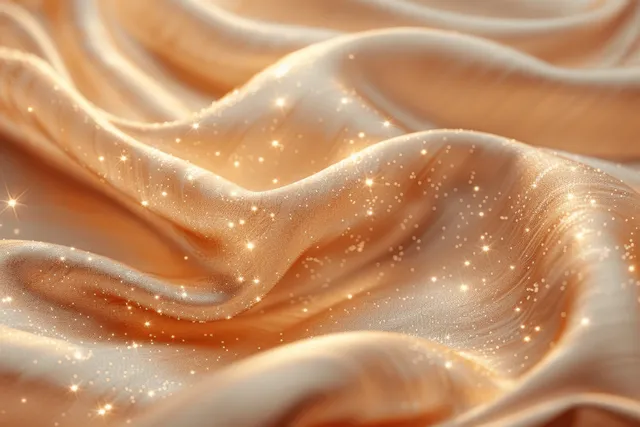 Golden satin wave background with sparkling glitter particles and soft prismatic glow