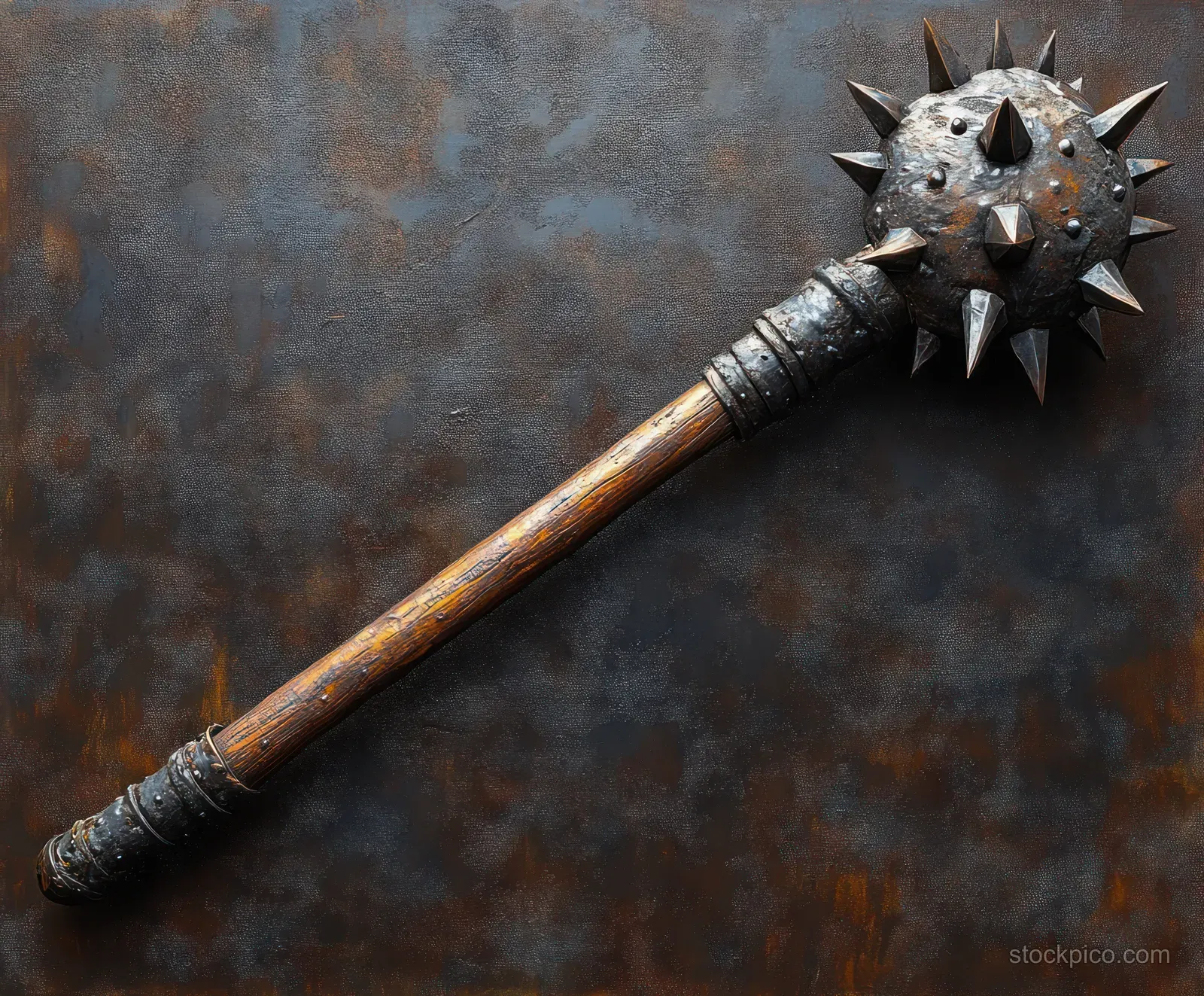 A medieval spiked mace with an iron head and wooden handle lying on a dark textured background.