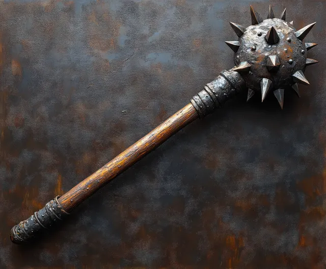 A medieval spiked mace with an iron head and wooden handle lying on a dark textured background.