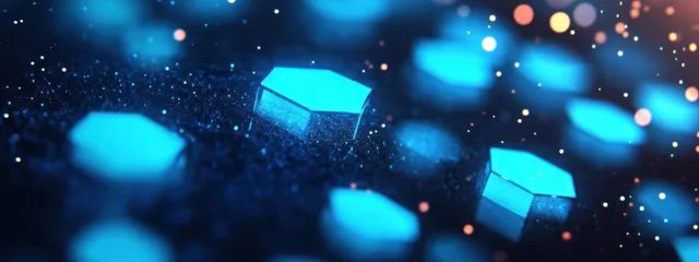 Neon blue hexagonal shapes and floating cubes glow on a dark gradient with soft bokeh light spots.