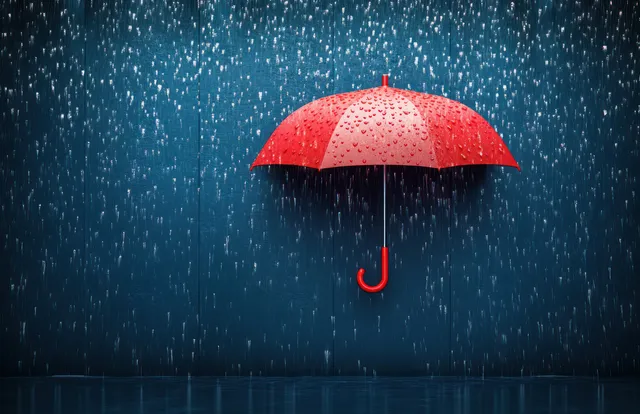 A red umbrella hangs alone in heavy rain against a dark blue wall, surrounded by swirling droplets.