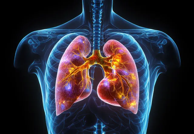 Human chest cavity anatomy showing glowing lungs and heart