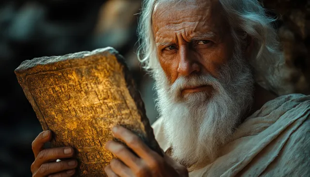 Elderly man holding ancient golden tablet portrait at golden hour