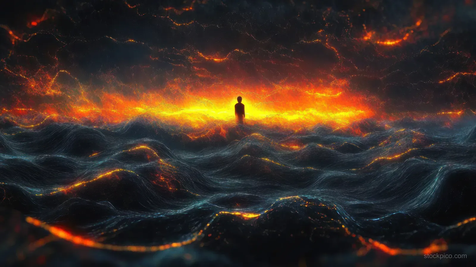 A lone silhouette stands on dark, fiery waves with glowing lava cracks beneath a bright orange horizon.