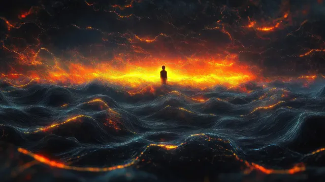 A lone silhouette stands on dark, fiery waves with glowing lava cracks beneath a bright orange horizon.