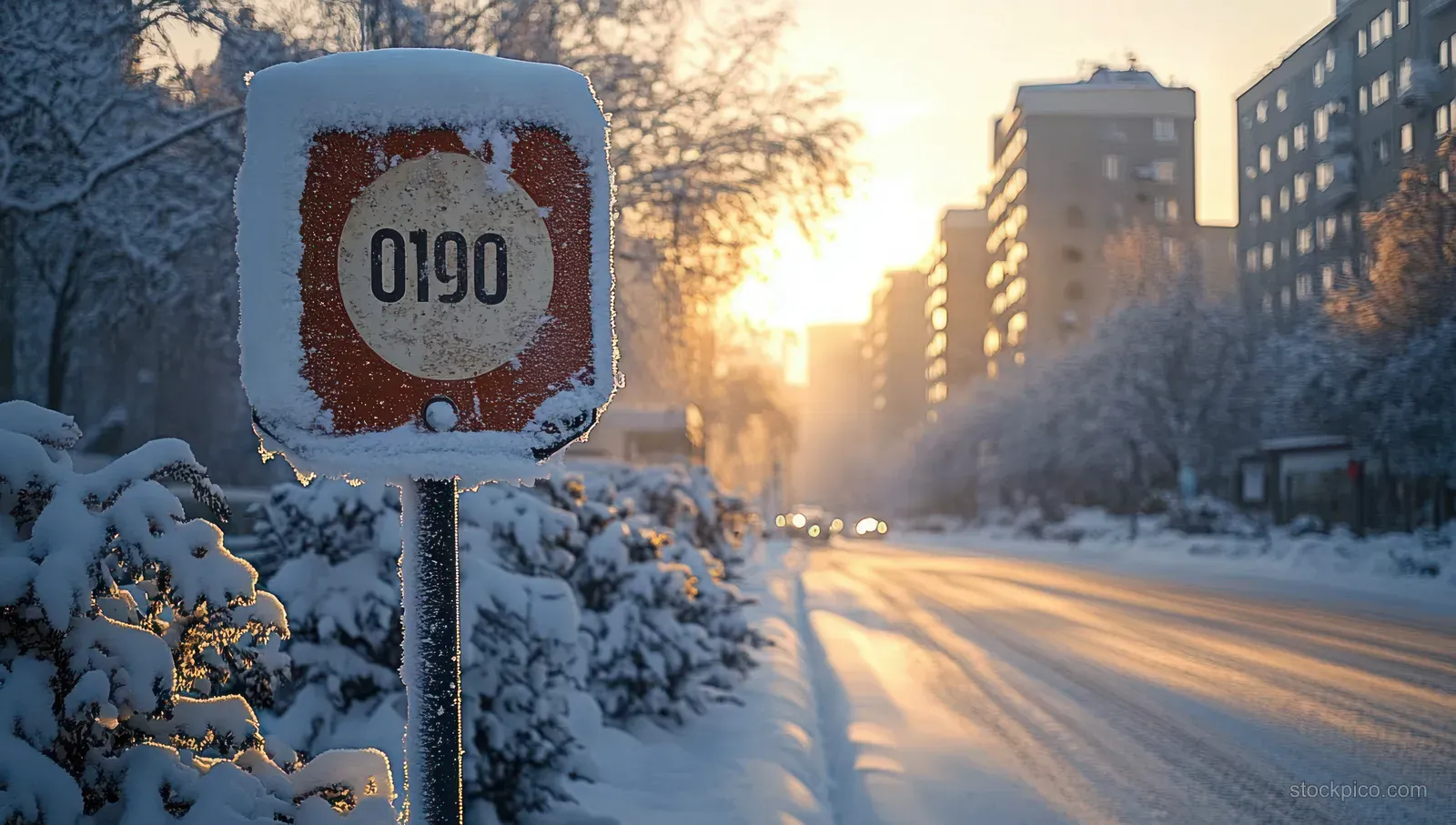 Snow-covered street sign on a quiet winter road with blurred buildings and sunset light in the background.