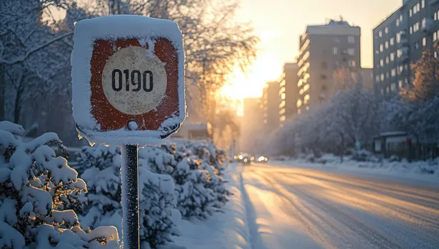 Snow-covered street sign on a quiet winter road with blurred buildings and sunset light in the background.