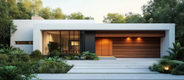 Single-story modern house at dusk with glass windows, wooden garage door, and garden lights