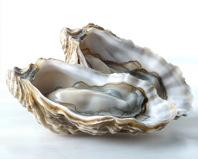 Two open oyster shells with glossy pearly interiors and rough layered edges on a light surface.