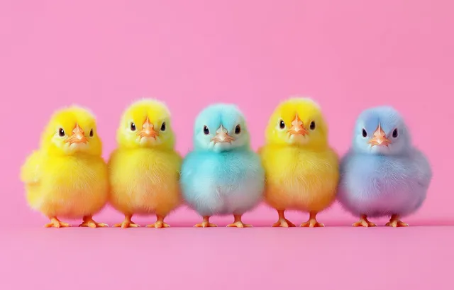 Five fluffy baby chicks stand in a row on a pink surface against a pink background, three yellow and two blue.