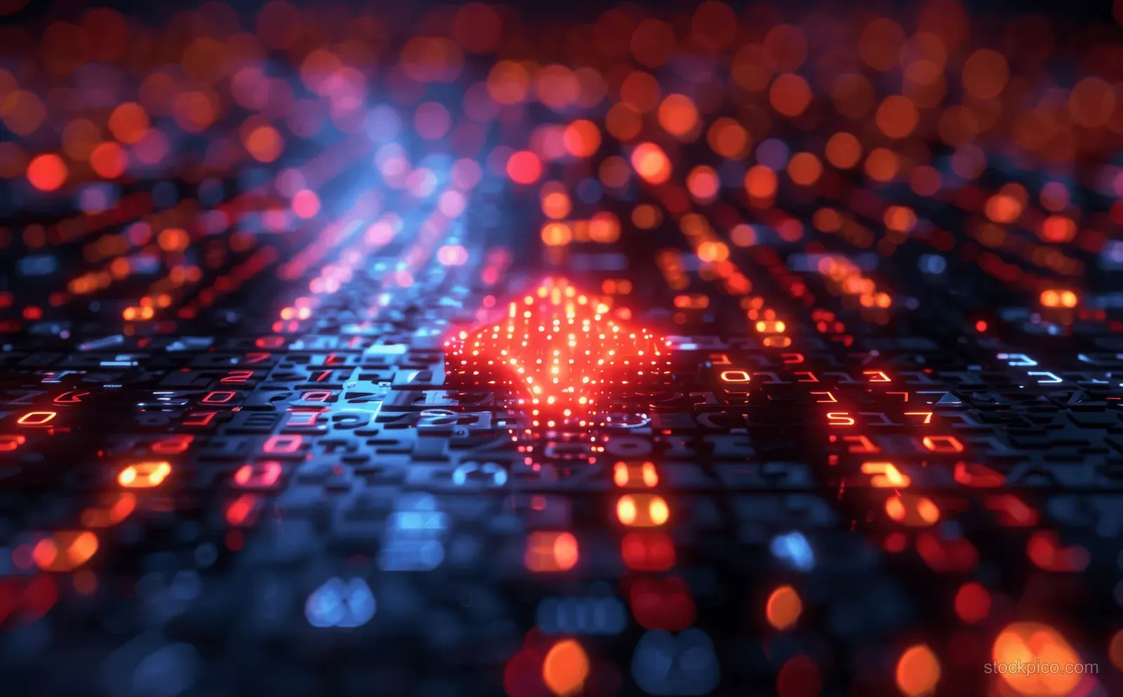 Glowing data points form a digital arrow growth chart over a blurred stock market signal background.