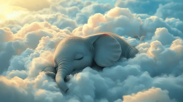 Sleeping baby elephant nestled in fluffy clouds with soft blue dreamy light