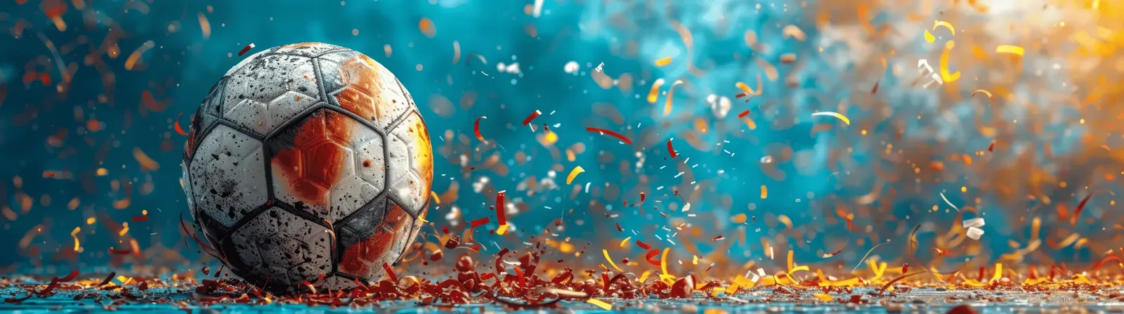 A soccer ball with red, yellow, and white streamers bursting over a blue background.