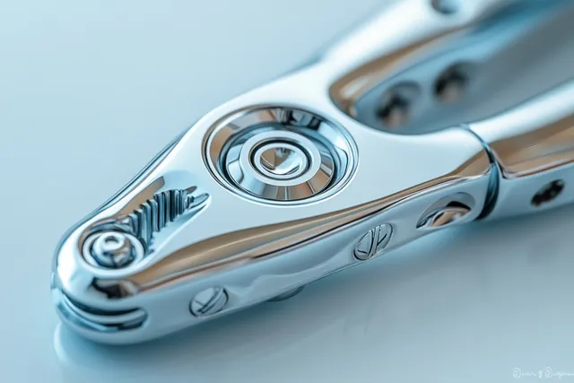 Close-up of a chrome microneedling pen lying on a light blue clinic surface showing the needle head detail.
