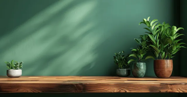 Wooden table with several potted plants and small planters against a solid green wall background.