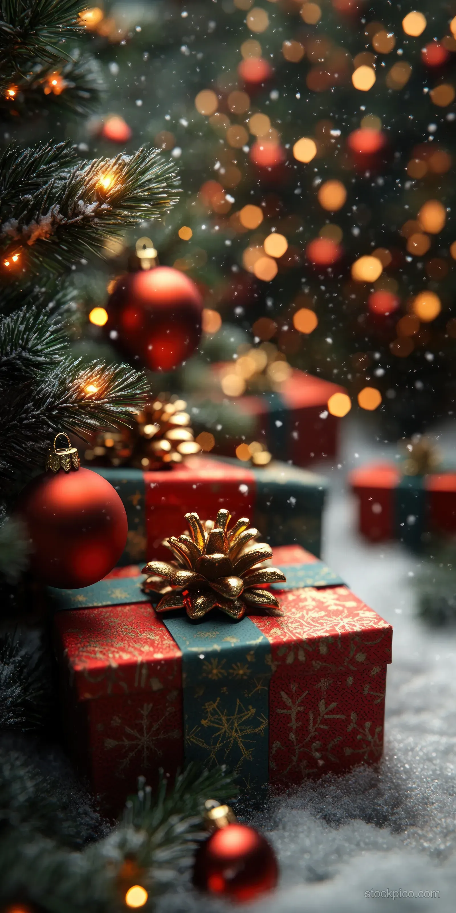 Wrapped Christmas gifts on snow beside a glowing decorated tree with sparkling lights in the background.