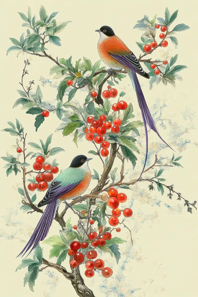 Two colorful birds perched on a branch with red berries and green leaves in a watercolor botanical illustration.