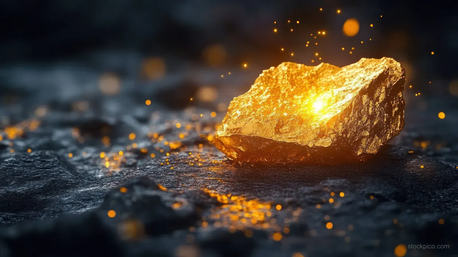 A glowing gold nugget on a dark textured surface with floating orange spark particles.