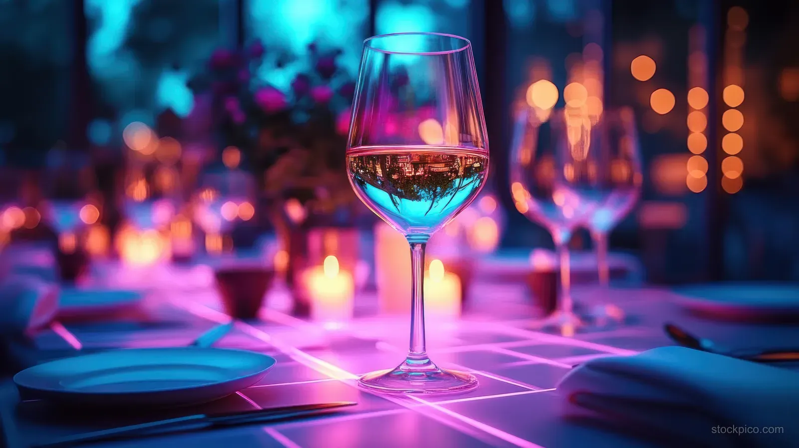 A stemmed glass of white wine on a candlelit dinner table with plates and blurred colorful lights in the background.