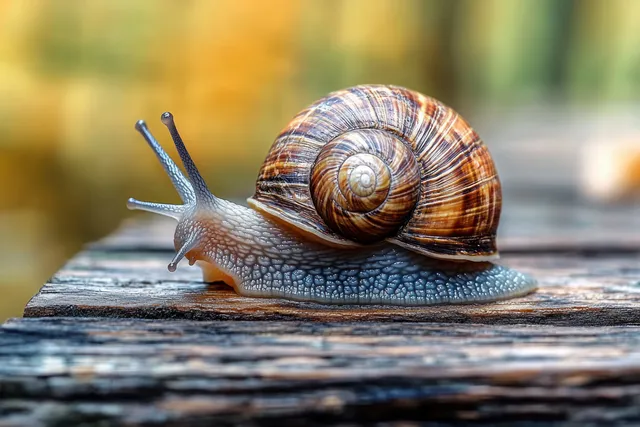 Close-up snail crawling on weathered wood plank under natural soft light