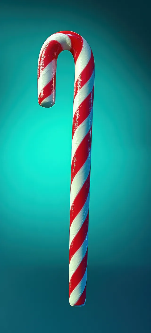 Close-up candy cane with red and white stripes on smooth teal gradient background