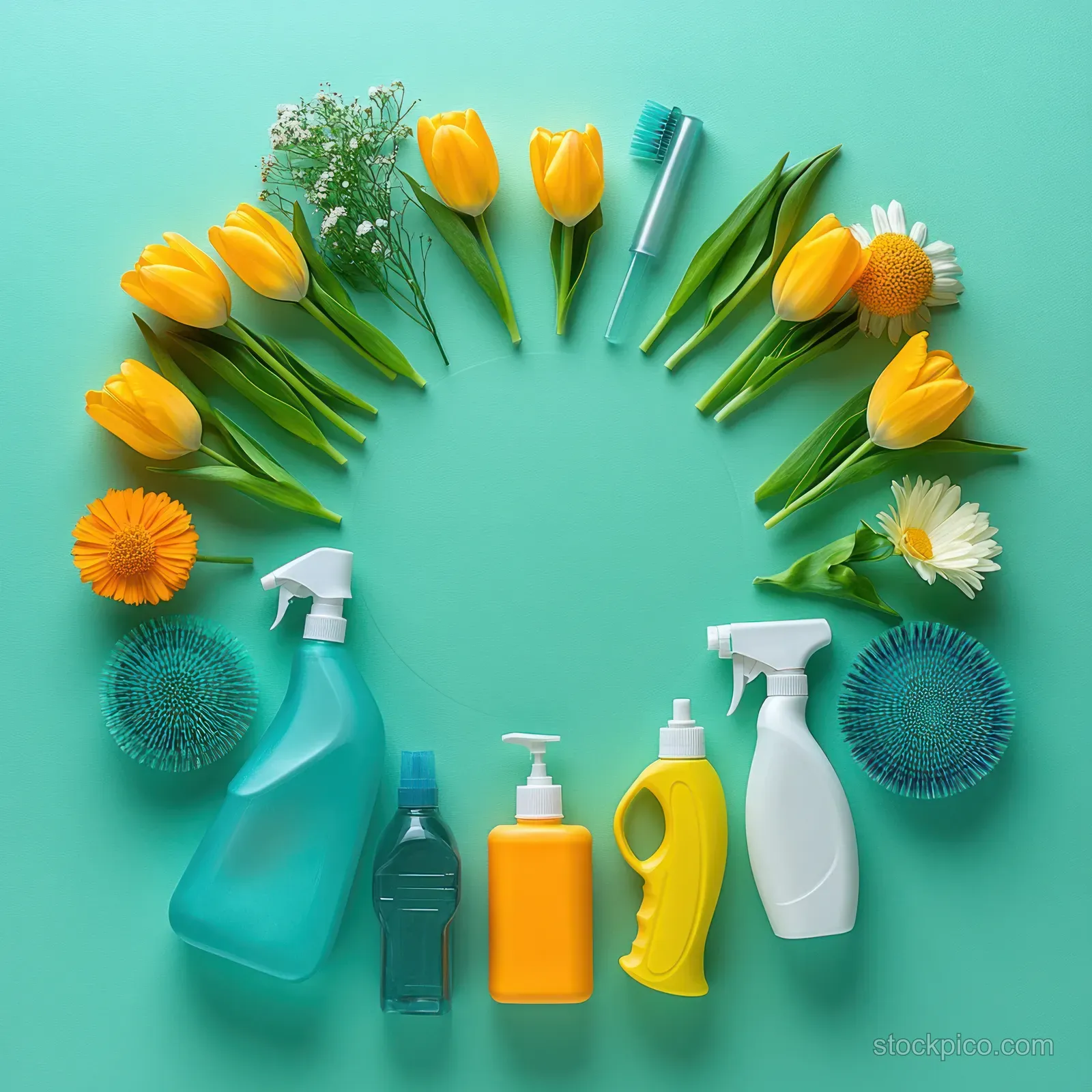 Cleaning bottles, sponges, and yellow tulips arranged in a circular wreath on a mint green background.
