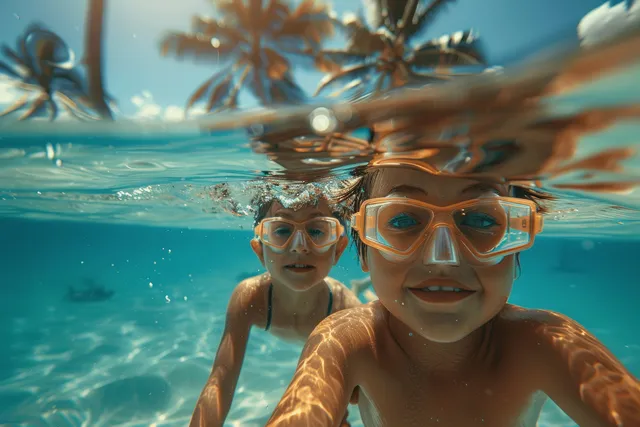 Two children swim underwater wearing snorkeling goggles above a clear turquoise tropical ocean.