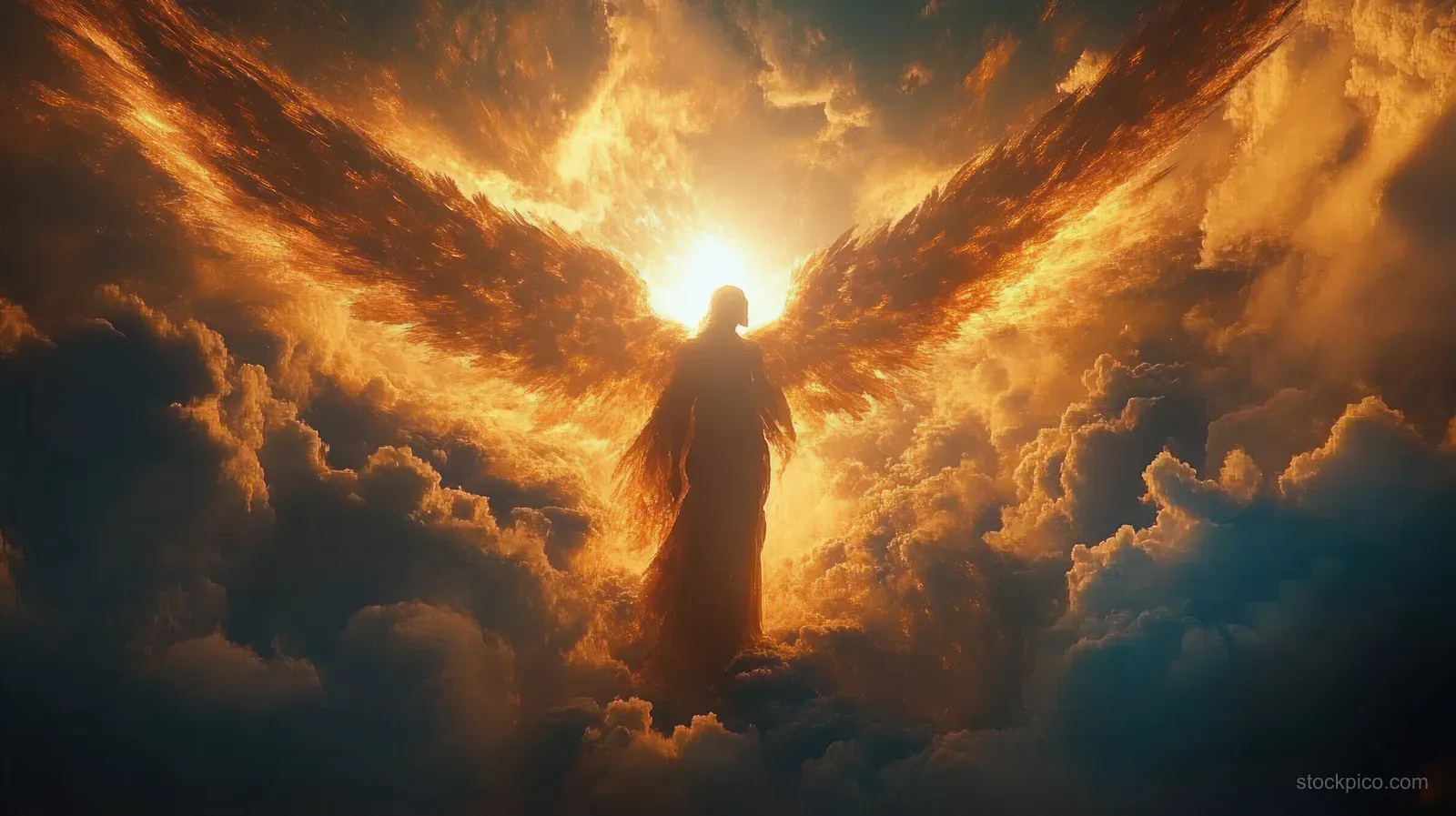 Silhouetted winged figure stands amid glowing golden clouds as sunrise light beams spread behind
