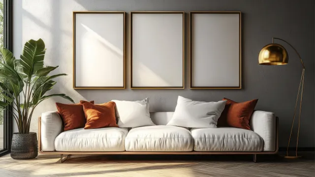White sofa with patterned cushions sits beneath three framed artworks, lit by a warm lamp near a leafy plant.