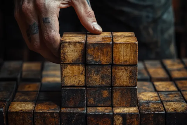 Hands stacking wooden blocks into an ascending tower on a workbench