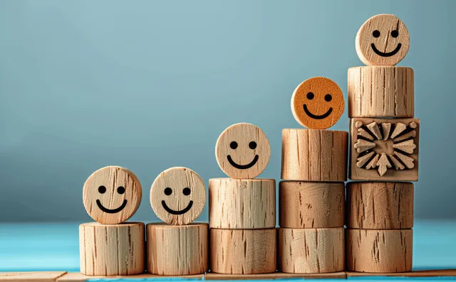 Smiling wooden block faces stacked higher on steps against a blue background suggesting progress.