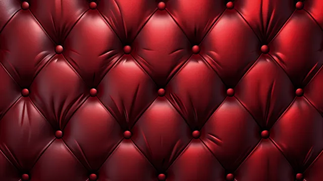 Crimson tufted leather upholstery with diamond stitching and small stud buttons close-up texture