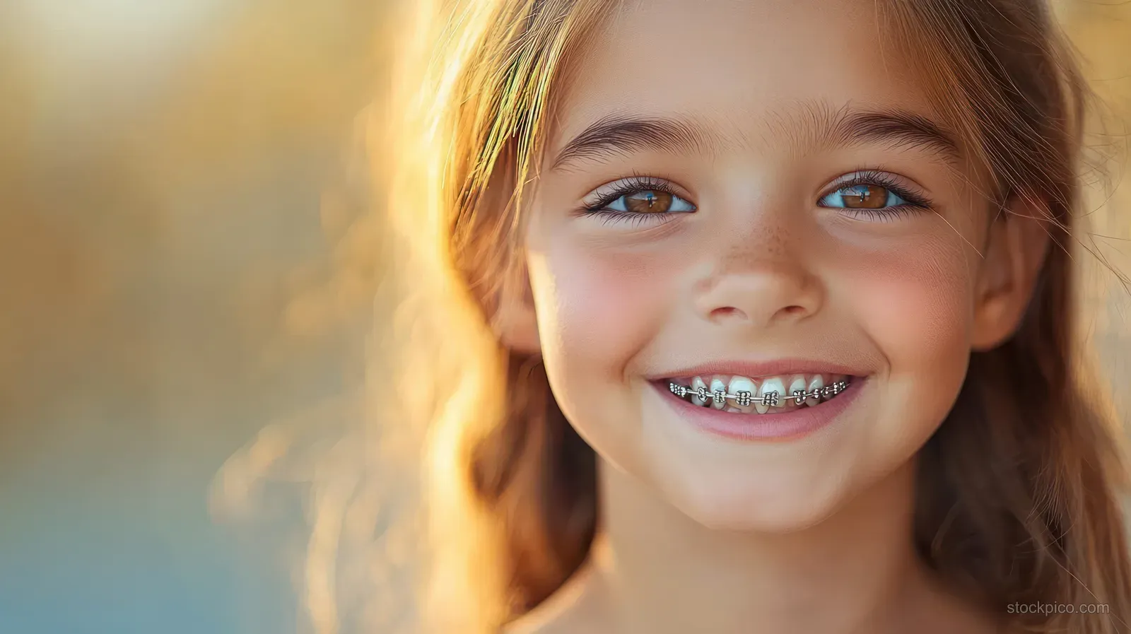 Young girl smiles in soft daylight, showing metal braces on her teeth with a blurred background behind her.