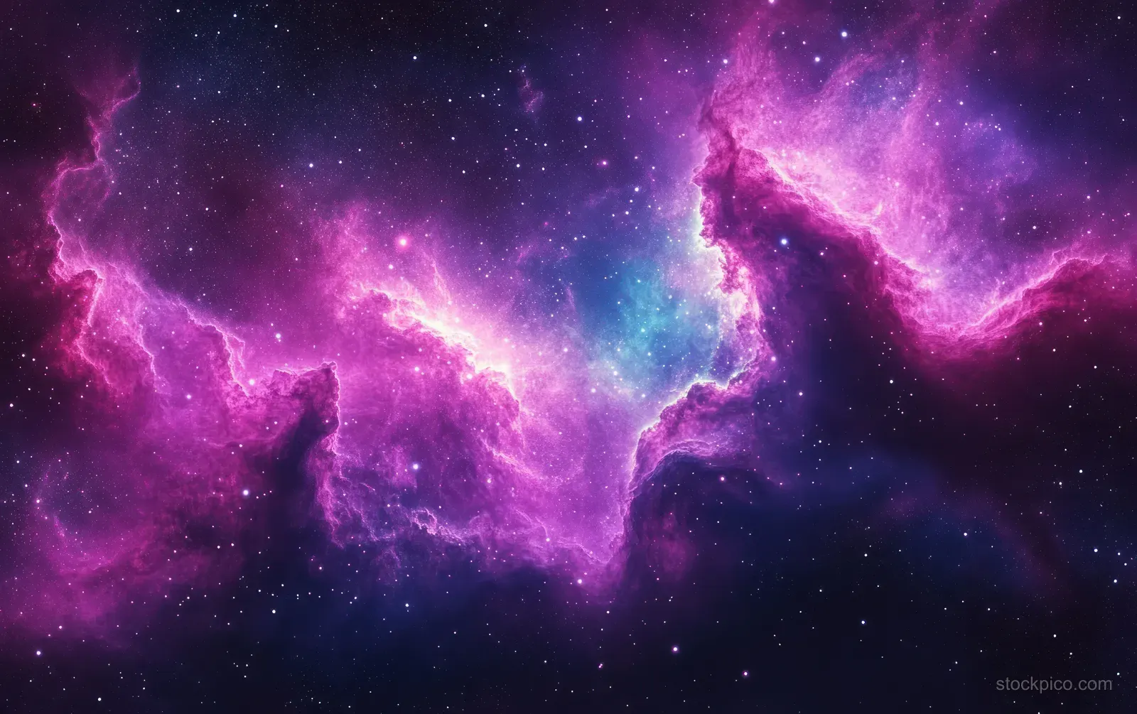 Purple and pink cosmic nebula clouds glow across deep space with a scattered starfield.