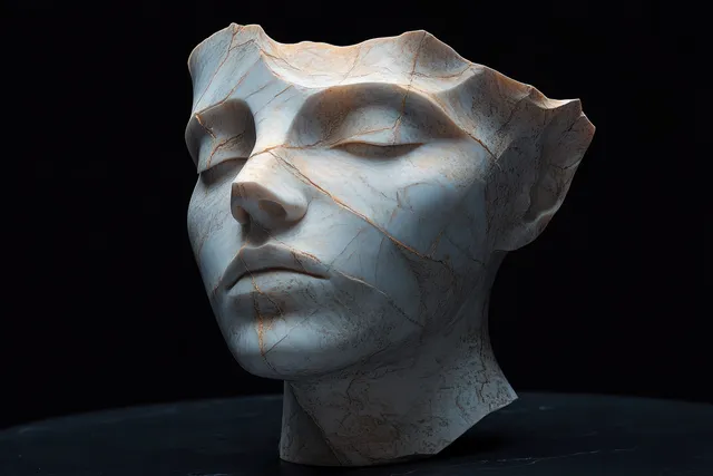 Fragmented marble female face sculpture on a dark pedestal with dramatic shadows and a black background.