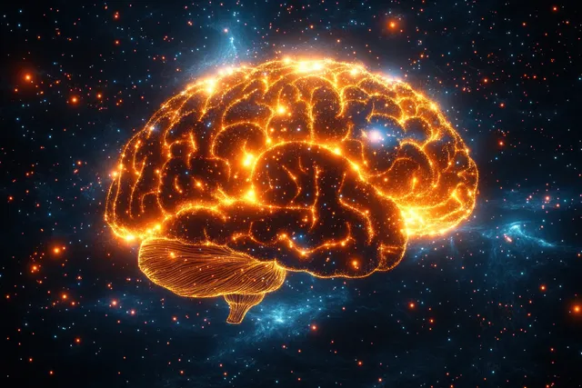Golden glowing brain with neural lines floating in a starry cosmic nebula background
