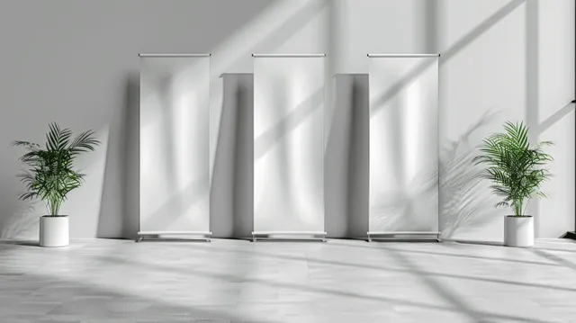 Blank white roll-up banner stands on grey flooring beside potted plants in a minimal event space.