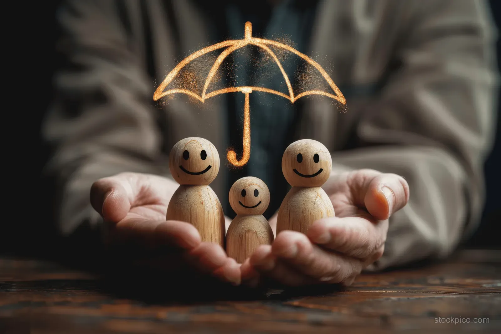 A businessman’s hands hold smiling wooden family figures under an open umbrella symbolizing insurance protection.