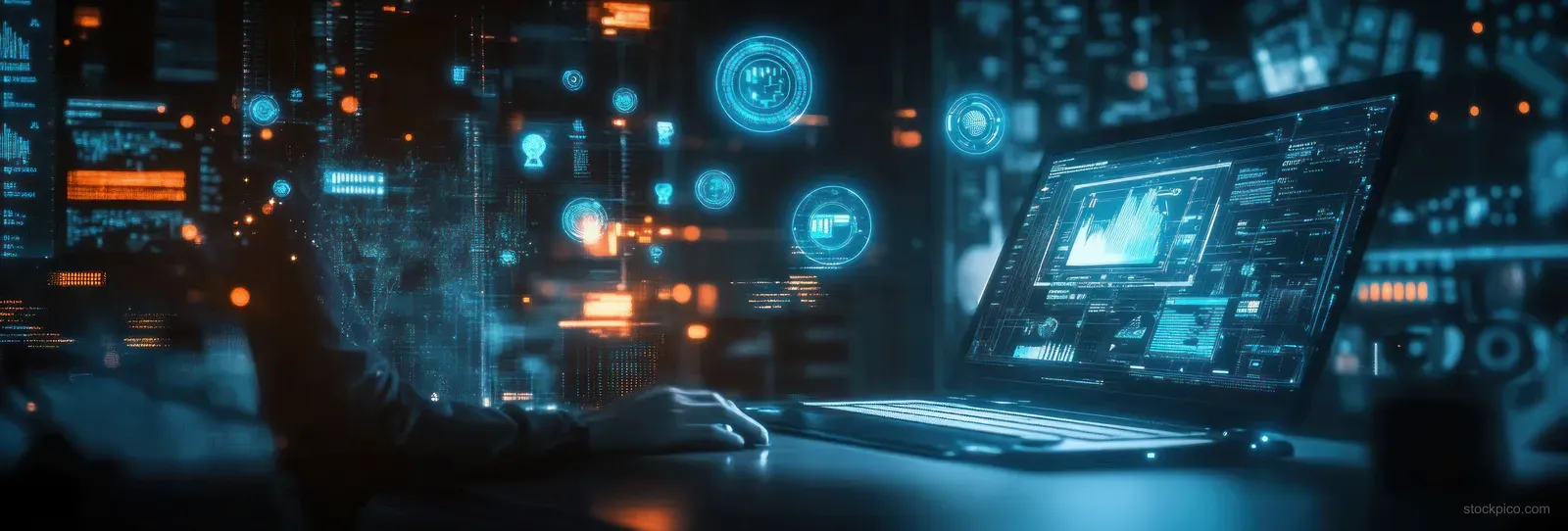 Laptop on a desk displays planning screens while glowing holographic icons hover in a blue digital workspace.