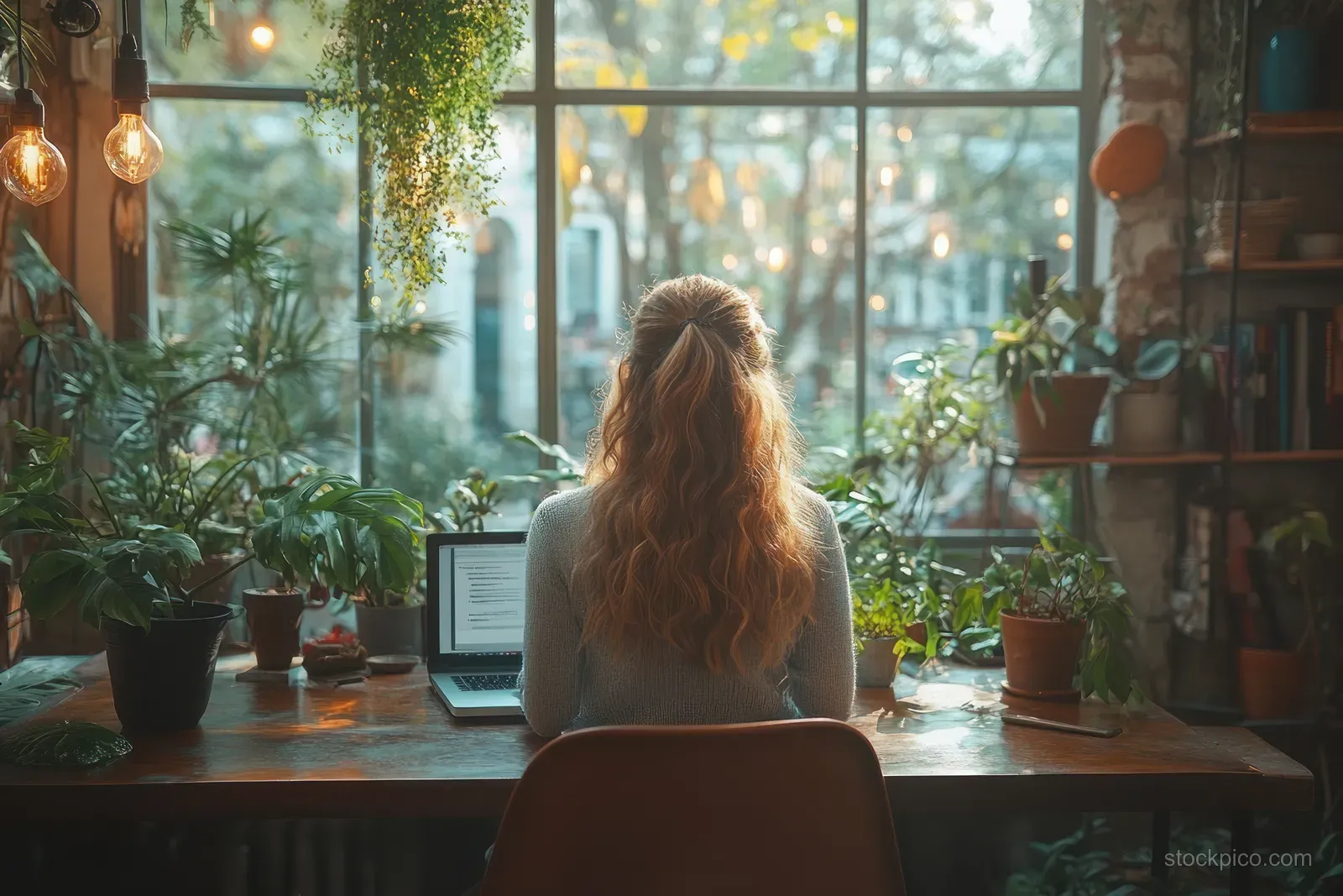 Young businesswoman working on a laptop at a desk surrounded by potted plants in bright natural window light.