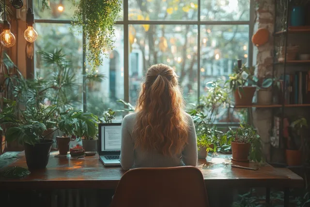Young businesswoman working on a laptop at a desk surrounded by potted plants in bright natural window light.