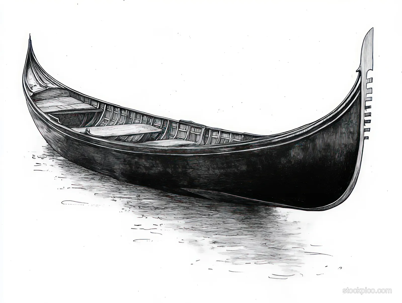 Black and white illustration of a traditional gondola floating on calm water with mirrored ripples and detailed hull lines.
