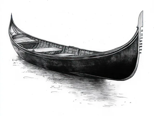 Black and white illustration of a traditional gondola floating on calm water with mirrored ripples and detailed hull lines.