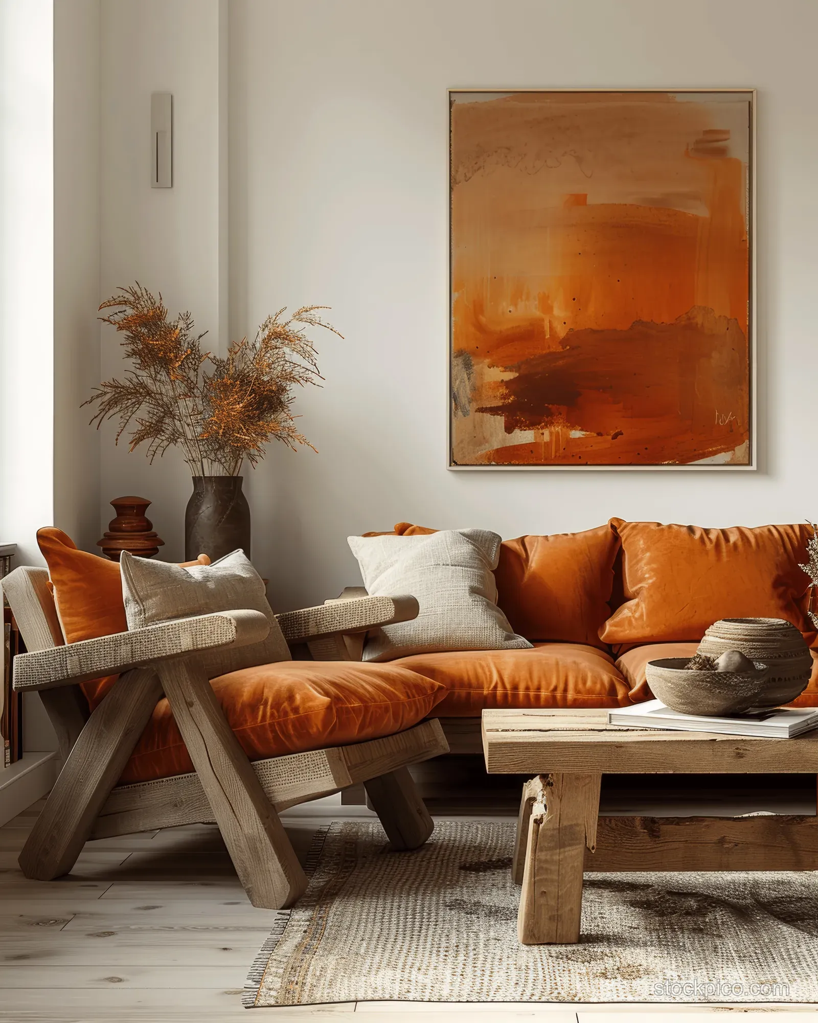 Orange sofa and armchair sit beside a wooden coffee table beneath a beige wall painting in a sunlit Scandinavian living room.